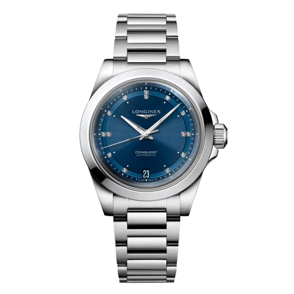 LONGINES 浪琴 Conquest 征服者系列藍色鑽面優雅時尚運動腕錶 34mm L34304976