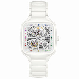 RADO 雷達錶 TRUE Square 真我方形系列白色陶瓷彩寶自動機械腕錶 R27073712