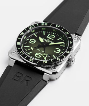 Bell & Ross 柏萊士 BR-03 GMT Green Lum 兩地時區漸變綠面盤不鏽鋼自動機械腕錶 42mm BR0393-GN-ST/SRB