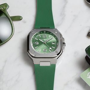 Bell & Ross 柏萊士 BR-05 GMT 兩地時區 Green Steel Rubber 鼠尾草綠機械腕錶 41mm BR05G-GN-ST/SRB