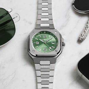 Bell & Ross 柏萊士 BR-05 GMT 兩地時區 Green Steel 鼠尾草綠機械腕錶 41mm BR05G-GN-ST/SST