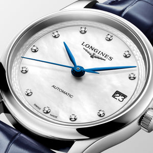 LONGINES 浪琴 MASTER 巨擘系列珍珠母貝真鑽藍鋼針自動機械女錶 34mm L2.450.4.87.2 - 新萬國鐘錶