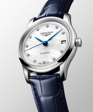 LONGINES 浪琴 MASTER 巨擘系列珍珠母貝真鑽藍鋼針自動機械女錶 34mm L2.450.4.87.2