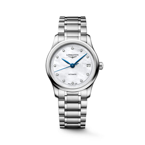 LONGINES 浪琴 MASTER 巨擘系列珍珠母貝真鑽藍鋼針自動機械女錶 34mm L2.450.4.87.6