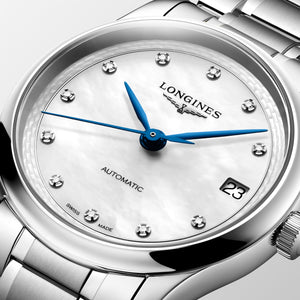 LONGINES 浪琴 MASTER 巨擘系列珍珠母貝真鑽藍鋼針自動機械女錶 34mm L2.450.4.87.6 - 新萬國鐘錶