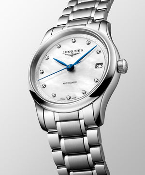 LONGINES 浪琴 MASTER 巨擘系列珍珠母貝真鑽藍鋼針自動機械女錶 34mm L2.450.4.87.6