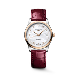 LONGINES 浪琴 MASTER 巨擘系列18k玫瑰金表圈珍珠母貝真鑽藍鋼針自動機械女錶 34mm L2.450.5.89.2