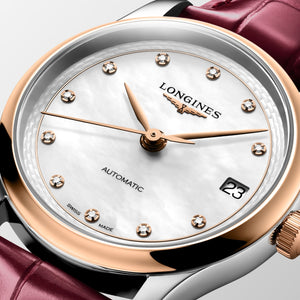 LONGINES 浪琴 MASTER 巨擘系列18k玫瑰金表圈珍珠母貝真鑽藍鋼針自動機械女錶 34mm L2.450.5.89.2 - 新萬國鐘錶