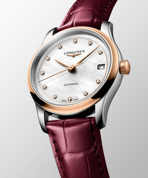 LONGINES 浪琴 MASTER 巨擘系列18k玫瑰金表圈珍珠母貝真鑽藍鋼針自動機械女錶 34mm L2.450.5.89.2