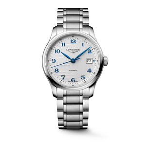 LONGINES 浪琴 MASTER 巨擘系列銀色麥粒紋藍鋼針自動機械腕錶 39mm L2.949.4.73.6