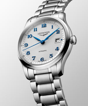 LONGINES 浪琴 MASTER 巨擘系列銀色麥粒紋藍鋼針自動機械腕錶 39mm L2.949.4.73.6