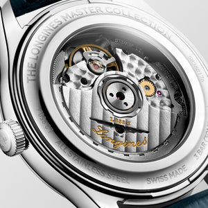 LONGINES 浪琴 MASTER 巨擘系列銀色麥粒紋藍鋼針自動機械腕錶 41mm L2.950.4.73.2