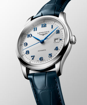 LONGINES 浪琴 MASTER 巨擘系列銀色麥粒紋藍鋼針自動機械腕錶 41mm L2.950.4.73.2