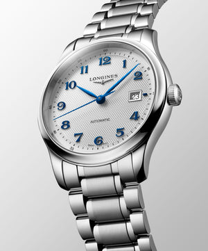 LONGINES 浪琴 MASTER 巨擘系列銀色麥粒紋藍鋼針自動機械腕錶 41mm L2.950.4.73.6