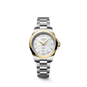 LONGINES 浪琴 Conquest 征服者系列不鏽鋼及18K黃金珍珠母貝美鑽優雅時尚運動腕錶 30mm L33205806