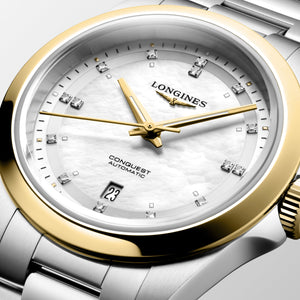 LONGINES 浪琴 Conquest 征服者系列不鏽鋼及18K黃金珍珠母貝美鑽優雅時尚運動腕錶 30mm L33205806 - 新萬國鐘錶