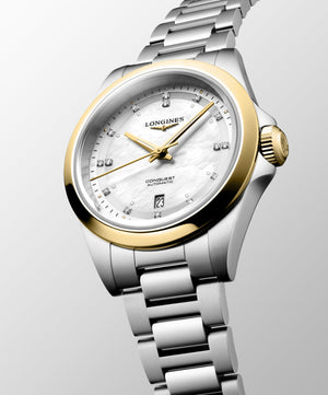LONGINES 浪琴 Conquest 征服者系列不鏽鋼及18K黃金珍珠母貝美鑽優雅時尚運動腕錶 30mm L33205806