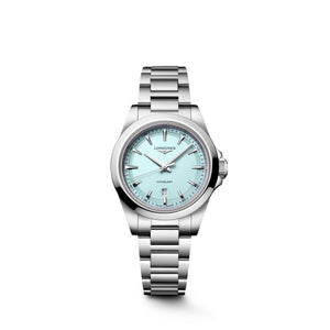 LONGINES 浪琴 Conquest 征服者系列優雅時尚薄荷藍運動石英腕錶 30mm L33504926