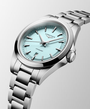 LONGINES 浪琴 Conquest 征服者系列優雅時尚薄荷藍運動石英腕錶 30mm L33504926