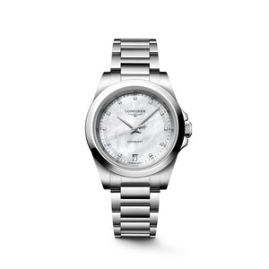 LONGINES 浪琴 Conquest 征服者系列珍珠母貝美鑽優雅時尚運動石英腕錶 34mm L34604876