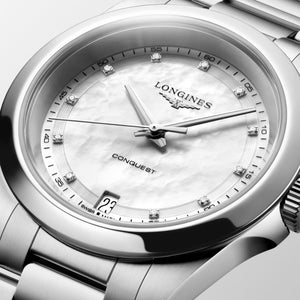 LONGINES 浪琴 Conquest 征服者系列珍珠母貝美鑽優雅時尚運動石英腕錶 34mm L34604876 - 新萬國鐘錶