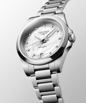 LONGINES 浪琴 Conquest 征服者系列珍珠母貝美鑽優雅時尚運動石英腕錶 34mm L34604876