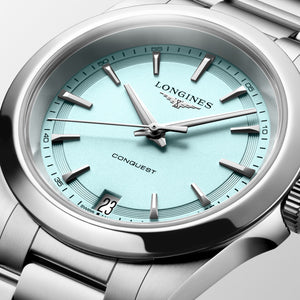 LONGINES 浪琴 Conquest 征服者系列薄荷藍優雅時尚運動石英腕錶 34mm L34604926 - 新萬國鐘錶