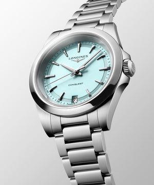 LONGINES 浪琴 Conquest 征服者系列薄荷藍優雅時尚運動石英腕錶 34mm L34604926