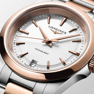 LONGINES 浪琴 Conquest 征服者系列玫瑰金PVD優雅時尚運動石英腕錶 34mm L3.460.3.18.7 L34603187