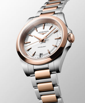 LONGINES 浪琴 Conquest 征服者系列玫瑰金PVD優雅時尚運動石英腕錶 34mm L3.460.3.18.7 L34603187