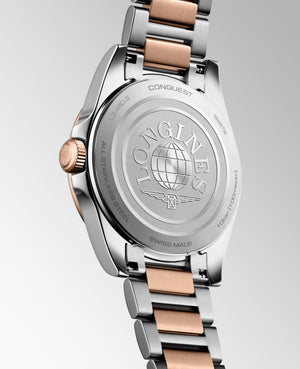 LONGINES 浪琴 Conquest 征服者系列玫瑰金PVD優雅時尚運動石英腕錶 34mm L3.460.3.18.7 L34603187