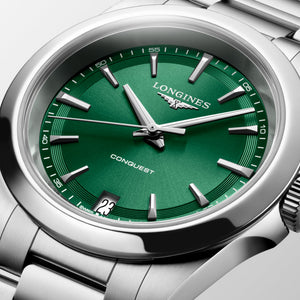 LONGINES 浪琴 Conquest 征服者系列綠面優雅時尚運動石英腕錶 34mm L3.460.4.09.6 L34604096