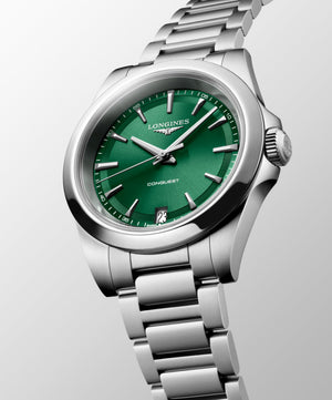LONGINES 浪琴 Conquest 征服者系列綠面優雅時尚運動石英腕錶 34mm L3.460.4.09.6 L34604096