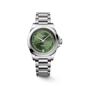 LONGINES 浪琴 Conquest 征服者系列綠色鑽面優雅時尚運動腕錶 34mm L34304076