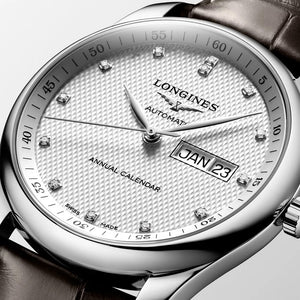 LONGINES 浪琴 Master 巨擘系列年曆功能顯示麥粒紋鑲鑽機械錶 40mm L29104773 - 新萬國鐘錶
