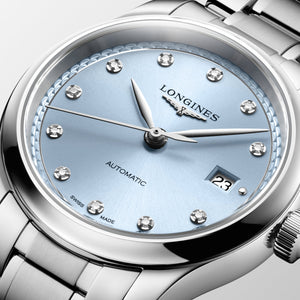 LONGINES 浪琴 MASTER 巨擘系列霜藍色真鑽自動機械腕錶 30mm L2.449.4.97.6 (L24494976)