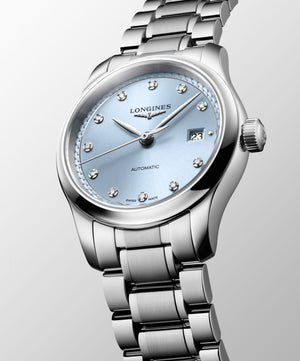 LONGINES 浪琴 MASTER 巨擘系列霜藍色真鑽自動機械腕錶 30mm L2.449.4.97.6 (L24494976)