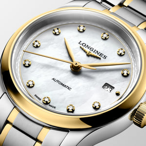 LONGINES 浪琴 MASTER 巨擘系列18k黃金不銹鋼珍珠母貝真鑽自動機械腕錶 30mm L2.449.5.87.7 (L24495877)