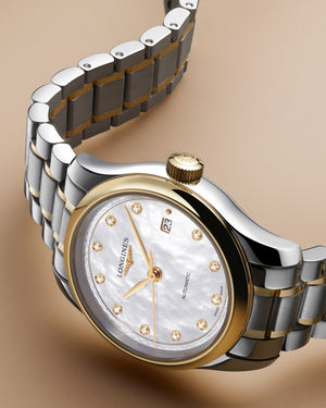 LONGINES 浪琴 MASTER 巨擘系列18k黃金不銹鋼珍珠母貝真鑽自動機械腕錶 30mm L2.449.5.87.7 (L24495877)