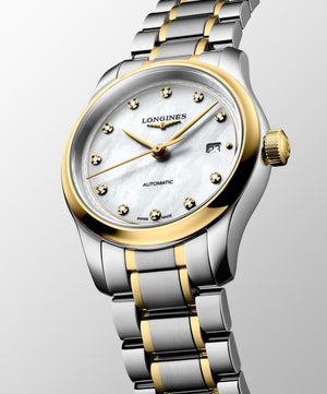 LONGINES 浪琴 MASTER 巨擘系列18k黃金不銹鋼珍珠母貝真鑽自動機械腕錶 30mm L2.449.5.87.7 (L24495877)