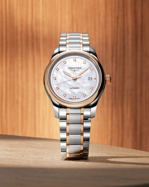 LONGINES 浪琴 MASTER 巨擘系列18k玫瑰金不銹鋼珍珠母貝真鑽自動機械腕錶 30mm L2.449.5.89.7 (L24495897)