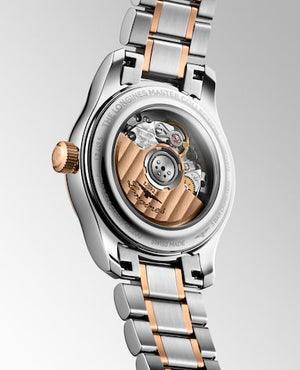 LONGINES 浪琴 MASTER 巨擘系列18k玫瑰金不銹鋼珍珠母貝真鑽自動機械腕錶 30mm L2.449.5.89.7 (L24495897)
