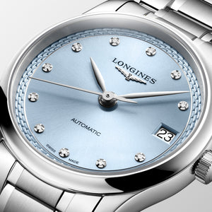 LONGINES 浪琴 MASTER 巨擘系列霜藍色真鑽自動機械腕錶 34mm L2.450.4.97.6 (L24504976)