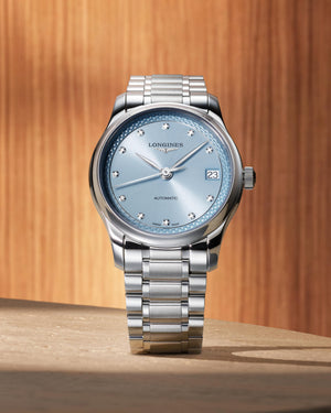 LONGINES 浪琴 MASTER 巨擘系列霜藍色真鑽自動機械腕錶 34mm L2.450.4.97.6 (L24504976)