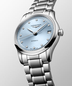 LONGINES 浪琴 MASTER 巨擘系列霜藍色真鑽自動機械腕錶 34mm L2.450.4.97.6 (L24504976)
