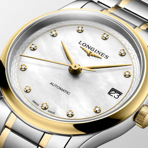 LONGINES 浪琴 MASTER 巨擘系列18k黃金不銹鋼珍珠母貝真鑽自動機械腕錶 34mm L2.450.5.87.7 (L24505877)