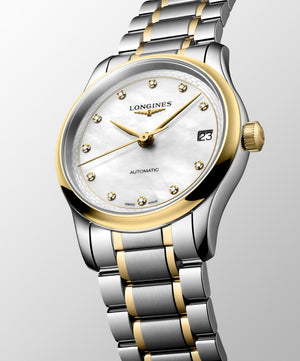 LONGINES 浪琴 MASTER 巨擘系列18k黃金不銹鋼珍珠母貝真鑽自動機械腕錶 34mm L2.450.5.87.7 (L24505877)
