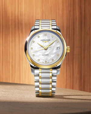 LONGINES 浪琴 MASTER 巨擘系列18k黃金不銹鋼珍珠母貝真鑽自動機械腕錶 34mm L2.450.5.87.7 (L24505877)