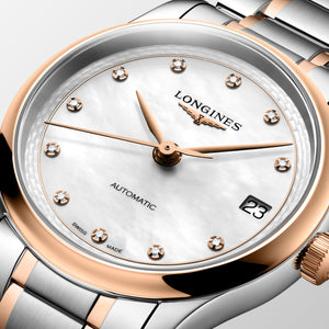 LONGINES 浪琴 MASTER 巨擘系列18k玫瑰金不銹鋼珍珠母貝真鑽自動機械腕錶 34mm L2.450.5.89.7 (L24505897)