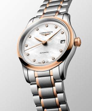 LONGINES 浪琴 MASTER 巨擘系列18k玫瑰金不銹鋼珍珠母貝真鑽自動機械腕錶 34mm L2.450.5.89.7 (L24505897)